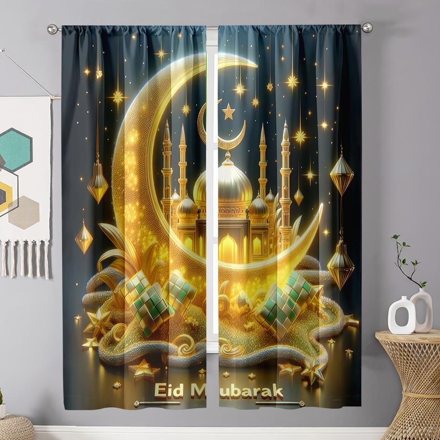 2PCS Eid al Fitr gilded decorative curtains, light luxury Islamic style, living room and bedroom, drawbar pocket decoration