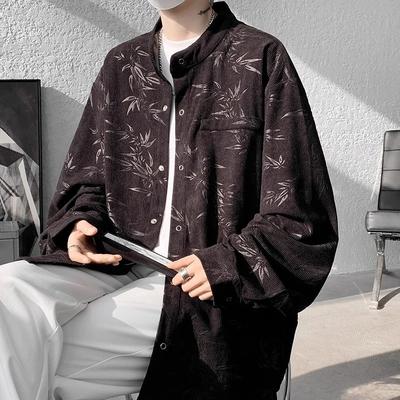 Men's Vintage Bamboo Print Stand Collar Loose Corduroy Shirt