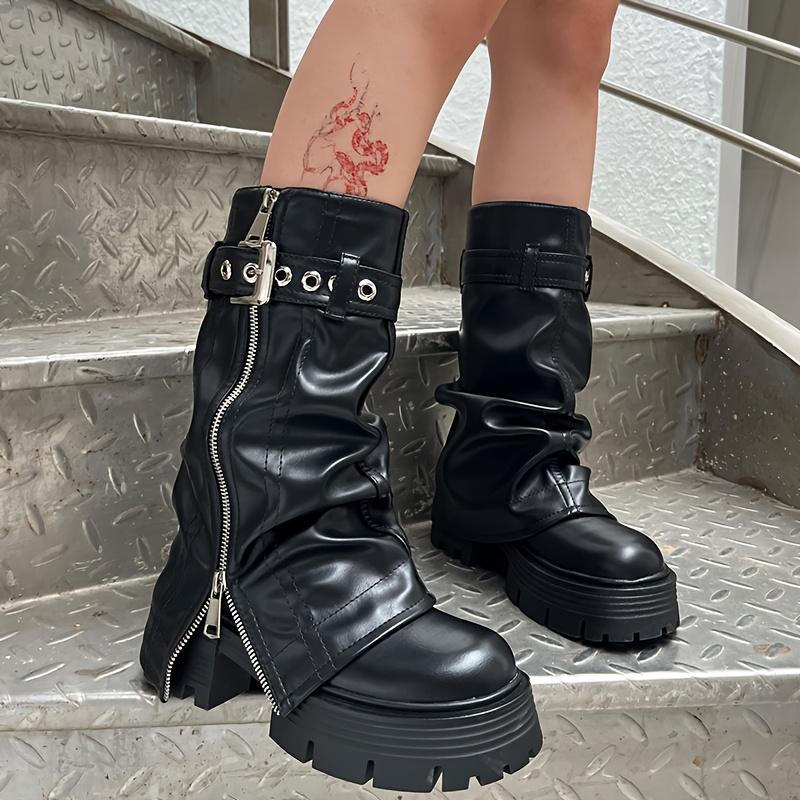 Damen Stiefel bis zur Wade Punk Stil Gotische Stiefel Mode Gürtelschnalle Design Lederstiefel Dicker Absatz Plateau Stiefel Botines Mujeres