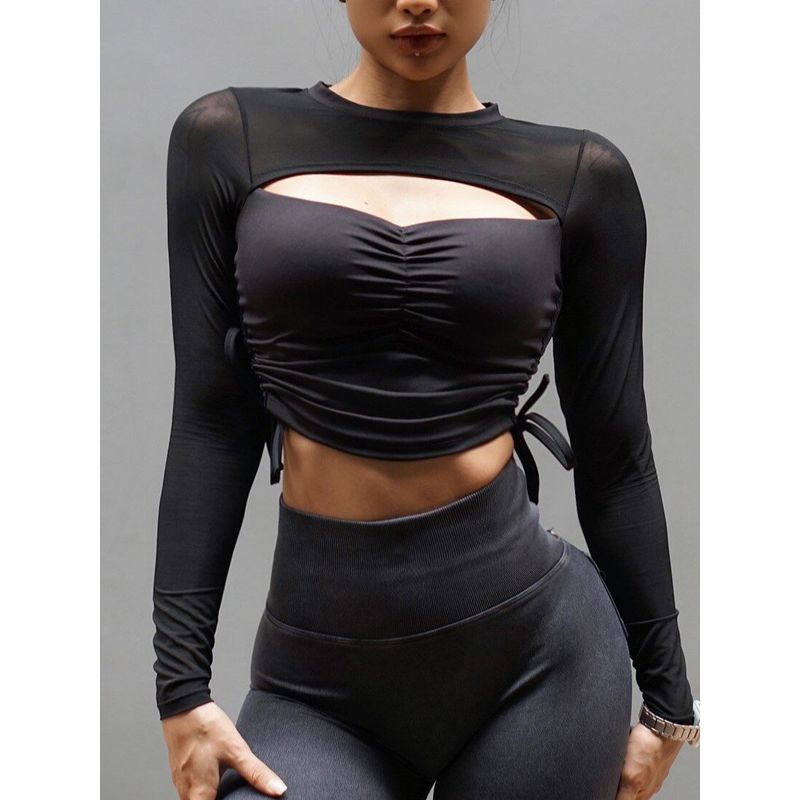

Rgnana European and American Sexy Sports and Fitness Running Long Sleeves Female Mesh See-through Yoga Jacket Casual Outdoor Quick-Drying Black S