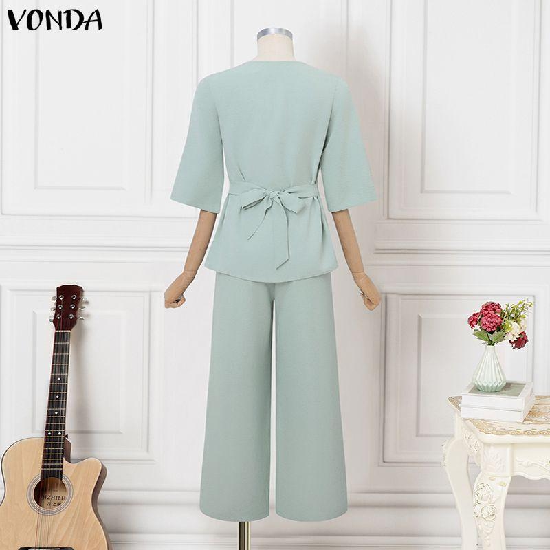 VONDA 2PCS Women 3/4 Sleeve Blouse and Pants Casual Elegant Two Piece Suit Sets