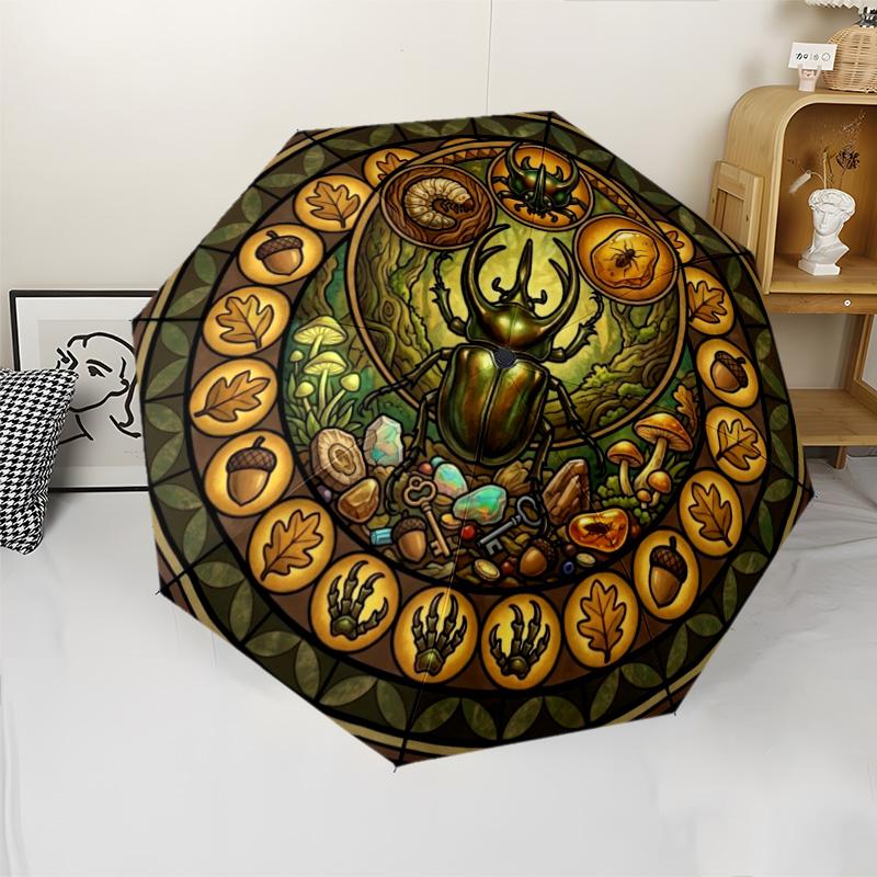 Beetle Forest Symbols pattern umbrella, portable and foldable design, 8 ribs, a casual accessory for Halloween, Christmas, and birthday gifts.