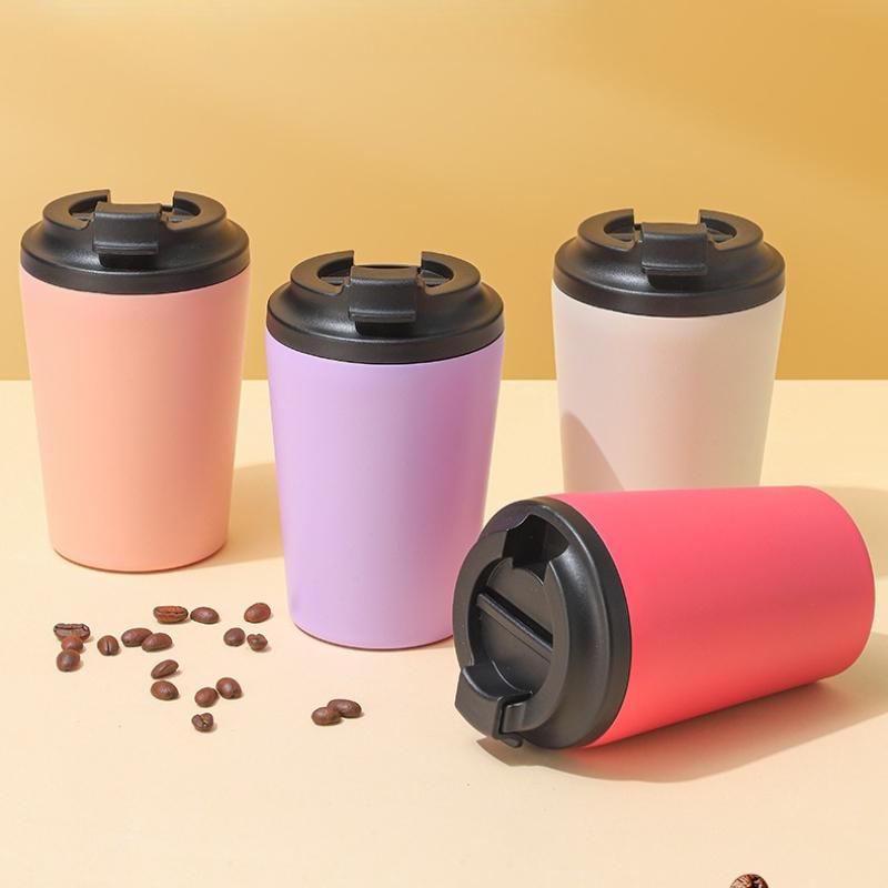 350ml Matte Solid Color 304 Stainless Steel Coffee Tumbler, Scale Mark Insulated Travel Mug with Flip Lid for Car Office Commute