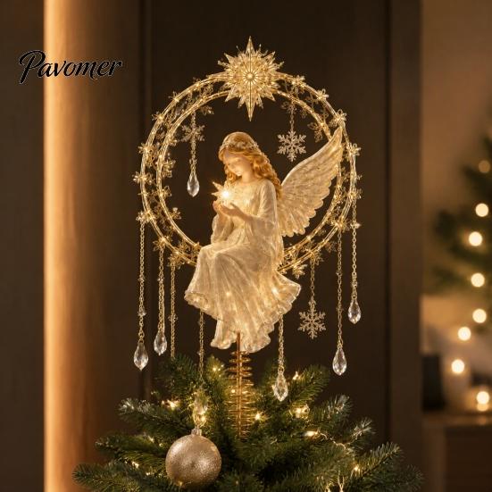 Vintage Style Angel Christmas Tree Topper, Acrylic Winged Treetop Ornament with Decoration Spring Base for Xmas Tree, Holiday Home Party Decor