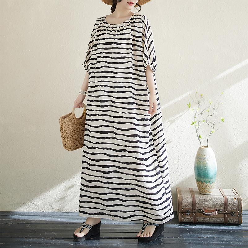 

Dimanaf Новое женское 2025 года, летнее повседневное платье в полоску, длинное платье, свободное, винтажное, базовое, плиссированное, макси One Size белый