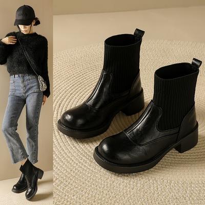 New Thermal Short Boots Women's Autumn and Winter Thin Boots Thick-soled Martin Boots Women's Elastic Knitted Boots
