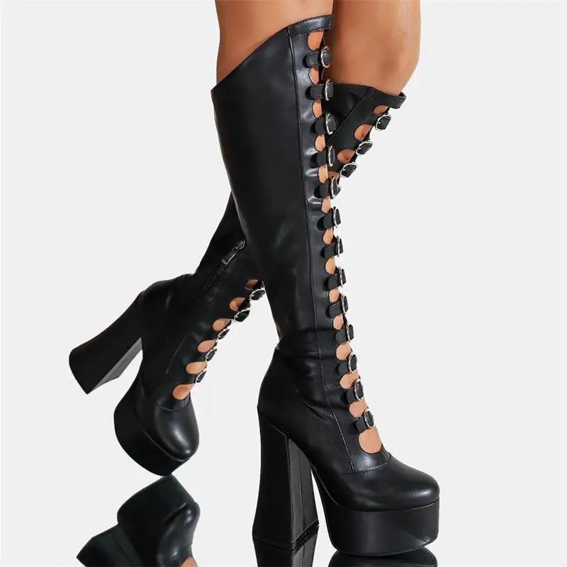 Stivali Alti Rosa con Laccetti e Plateau Donna Moda Raso Tacco Grosso Alto Cinturini Multi Fibbia Scarpe Donna Sexy Punk Al Ginocchio