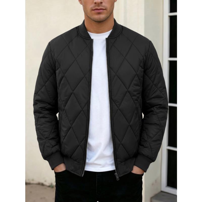 Men Solid Color Stand Collar Thickened Warm Quilted Bomber Jacket Casual Outerwear
