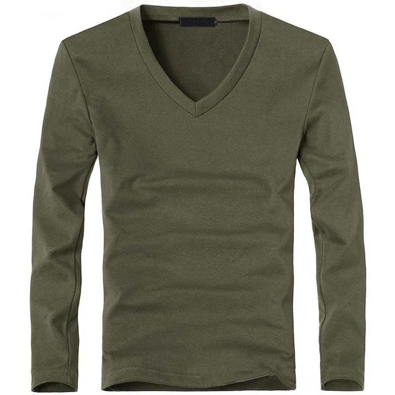 Elastic Mens T-Shirt V-Neck Long Sleeve Men T Shirt for Male T-Shirts Man Clothing TShirt Solid Color Tops Tees