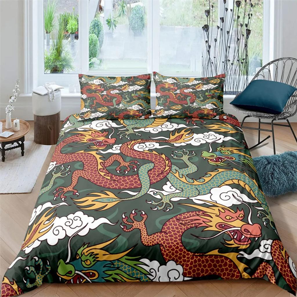 Boys Dragon Comforter Cover Queen Queen Full Size Colorful Dragon With Wing Bedding Set Trippy Magical Animal Duvet Cover Set