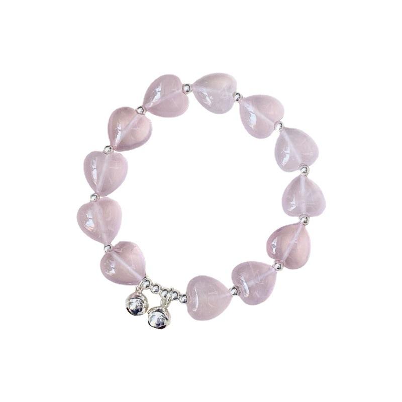 Wishing Your Dreams Come True with Peach Blossom Pink Crystal Heart Bell beads9Silver Bracelet for Female Friends, Unique and Exquisite for Summer
