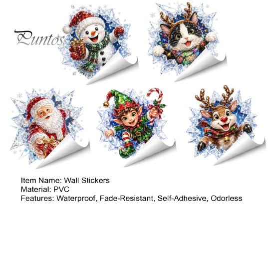 Self Adhesive Wall Stickers 3D Christmas Static Window Clings, Santa Snowman Reindeer Glass Stickers, Easy to Apply Graphics PVC Holiday Decals