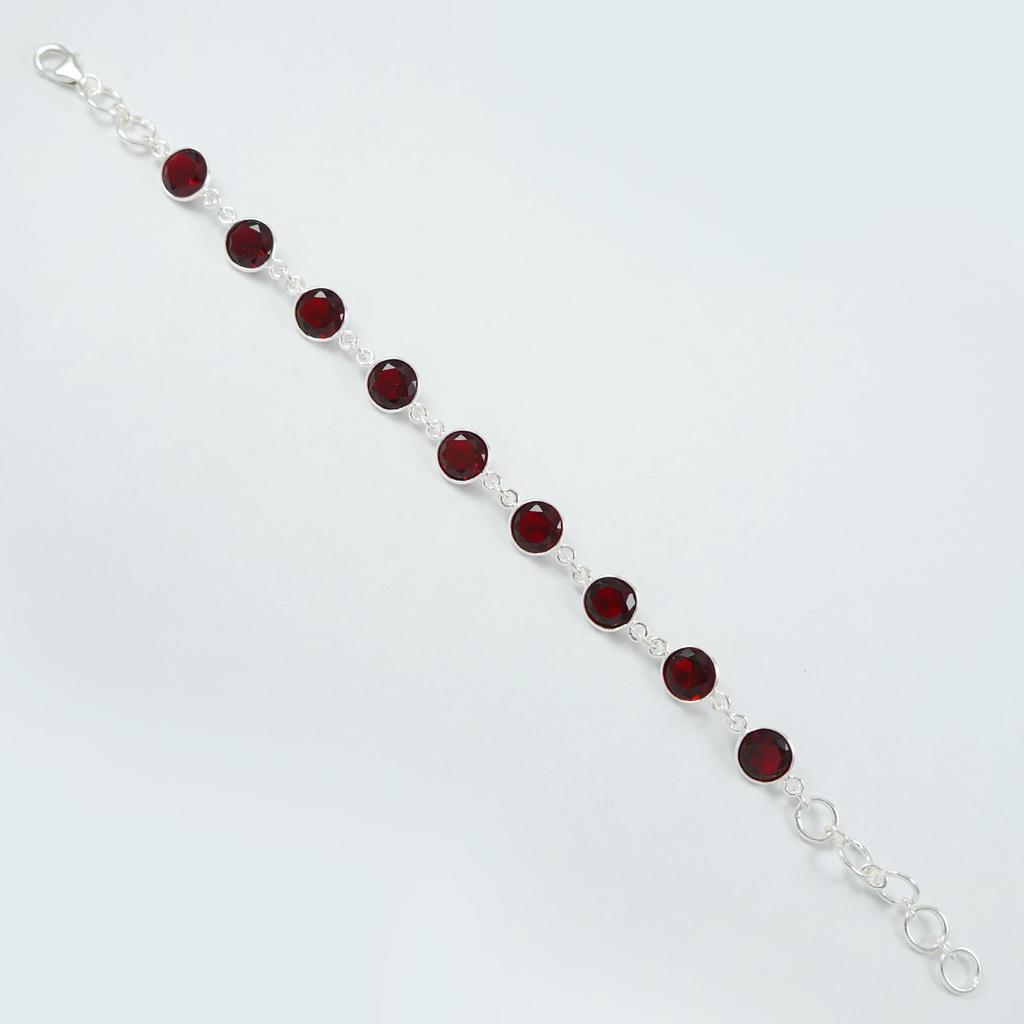 Round Natural Garnet Bracelet, 925 Sterling Silver Bezel Bracelet, Red Gemstone Bracelet, Gift for Wife