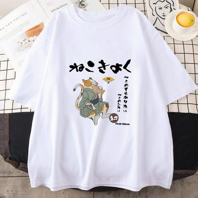 Japanese Kanji Cat Tshirt for Women Fashion Print Animals Summer Short Sleeve Female Kawaii T Shirt Cute Young Girl Clothes Y2k