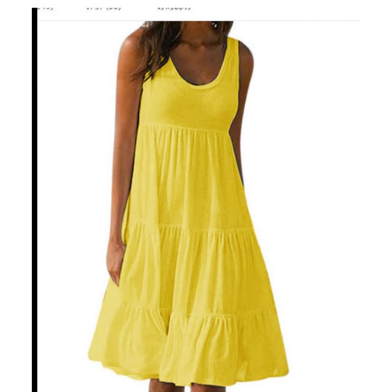 Women's Beach Dress: Sleeveless, Round Neck, Patchwork, Wide Hem, 7 Colors, 8 Sizes