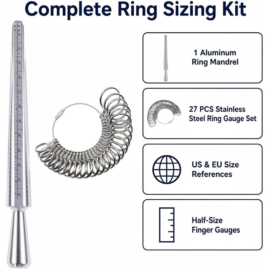 Ring Sizer Measuring Tool Kit, Aluminum Ring Mandrel Sizer Stick with 27 PCS Stainless Steel Ring Gauge Set, US Sizes 0-13 Finger Sizing Tool