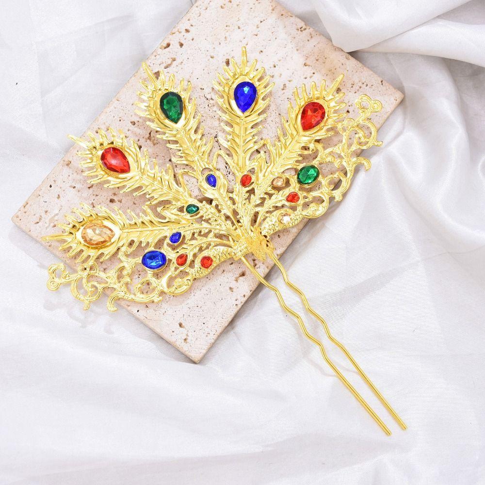 Gold Thai Metal Leaves Hairpin Silver Colorful Rhinestone U-shaped Hair Fork New Chinese Style Headdress