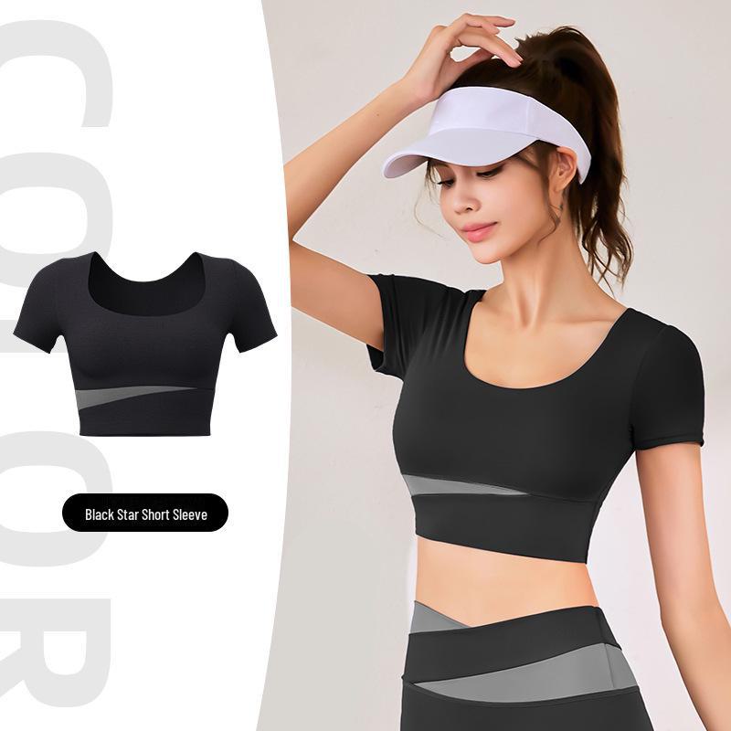 

Женская йога-топ Juyitang: Футболка для фитнеса с короткими рукавами, телесного цвета, с подкладками для груди, прикрывающая пупок. XL