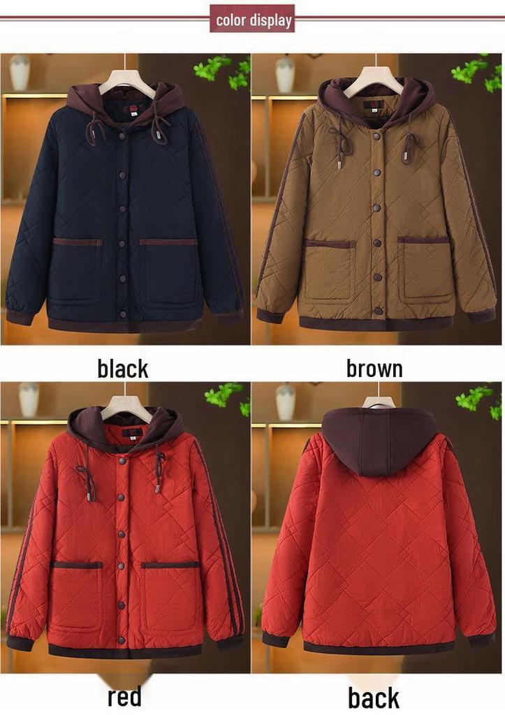 Elegant Hooded Cotton Jacket for Moms - Thick, Fashionable Fall & Winter Outerwear for Middle-Aged and Elderly