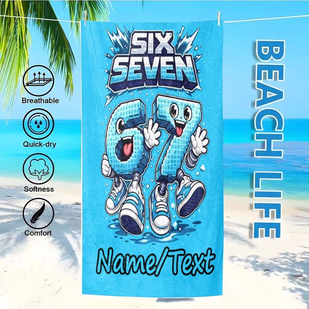 1pc Personalized 67 Cartoon Number Beach Towel, Quick Dry Breathable Soft Custom Name Beach Towel for Summer Beach Vacation