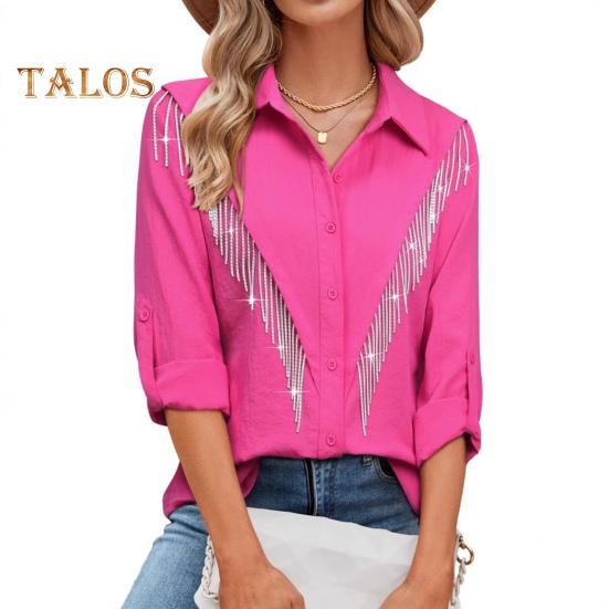 

Женская рубашка с лацканами, длинным рукавом, пуговицами, планкой, стразами, кисточками, однотонная, свободная повседневная рубашка L розы красного