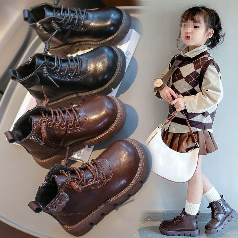 2025 new boys and girls Martin boots autumn and winter children's short boots baby non-slip leather boots British style single boots cotton shoes