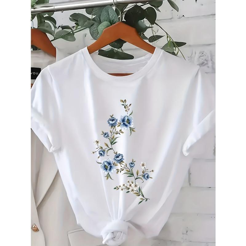 

Женская синяя оверсайз футболка с цветочным принтом | Белая блузка с коротким рукавом и синим узором, дышащая ткань средней эластичности, унисекс, топ с круглым вырезом S белый