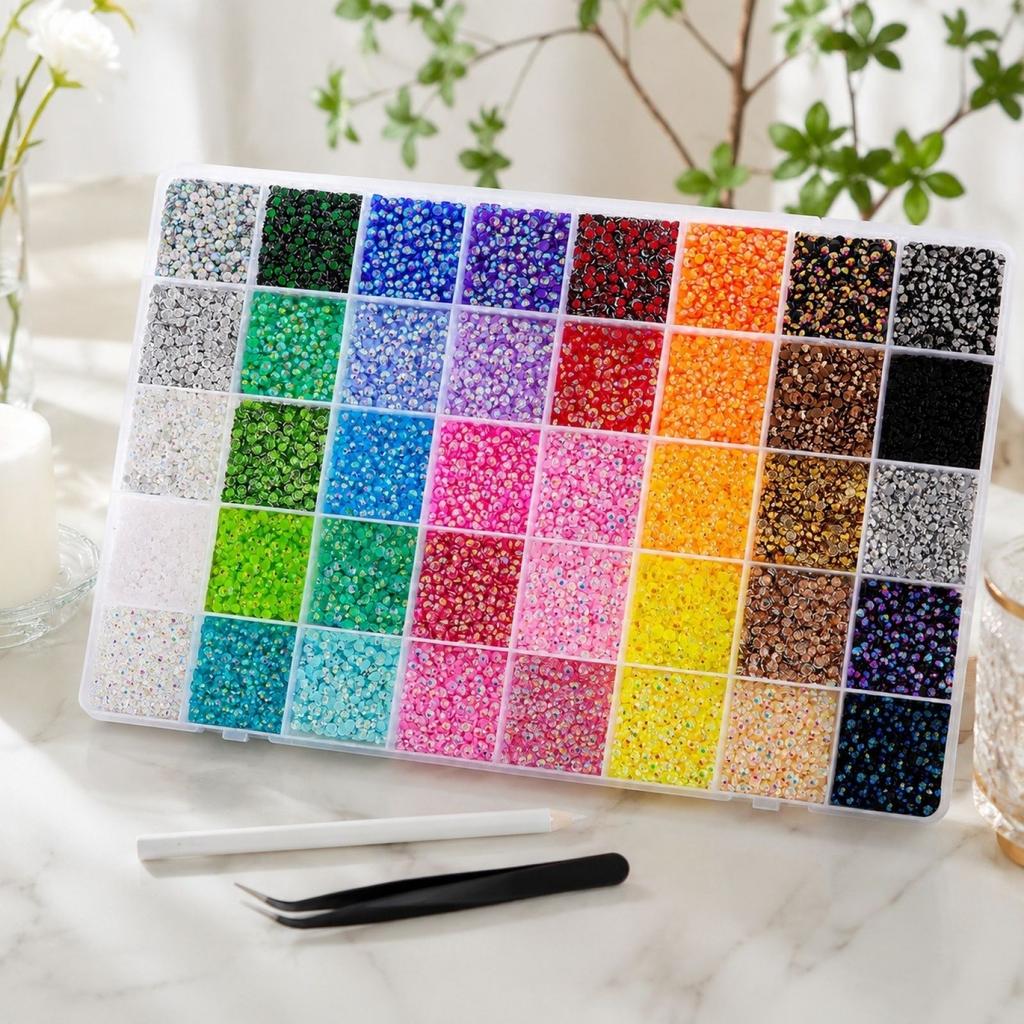 Kit 40 Grids, Resin Rhinestones for Nail and Phone Case Decoration, 32000 with Pen and Tweezers