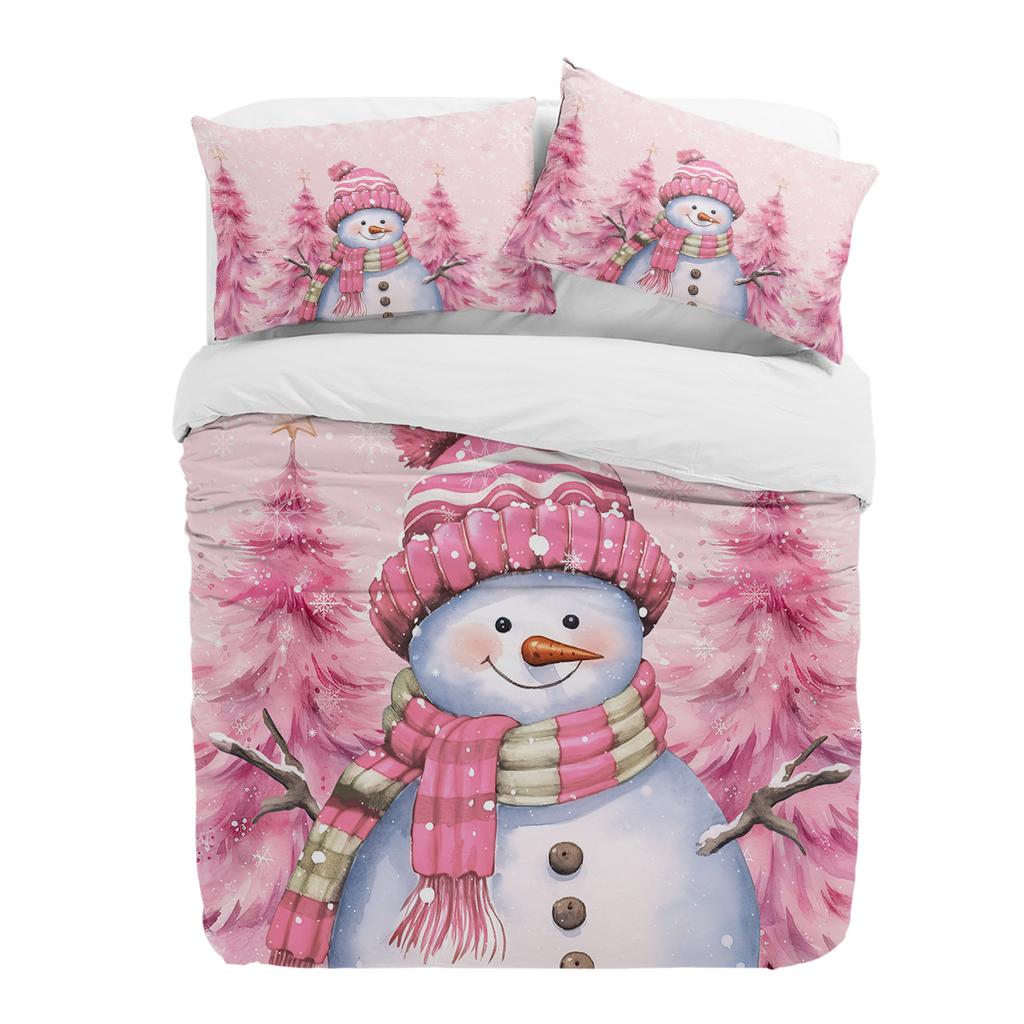 Christmas Snowman Pink Christmas Tree 3pcs Bedding Set For Double Bed Home Textile Duvet Cover Quilt Cover Pillowcase