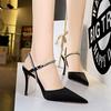 Women's Thin Heel 9.5cm High Heel Silk Satin Pointed Hollow Out Summer Shoes Rhinestone One-sided Belt Sandals
