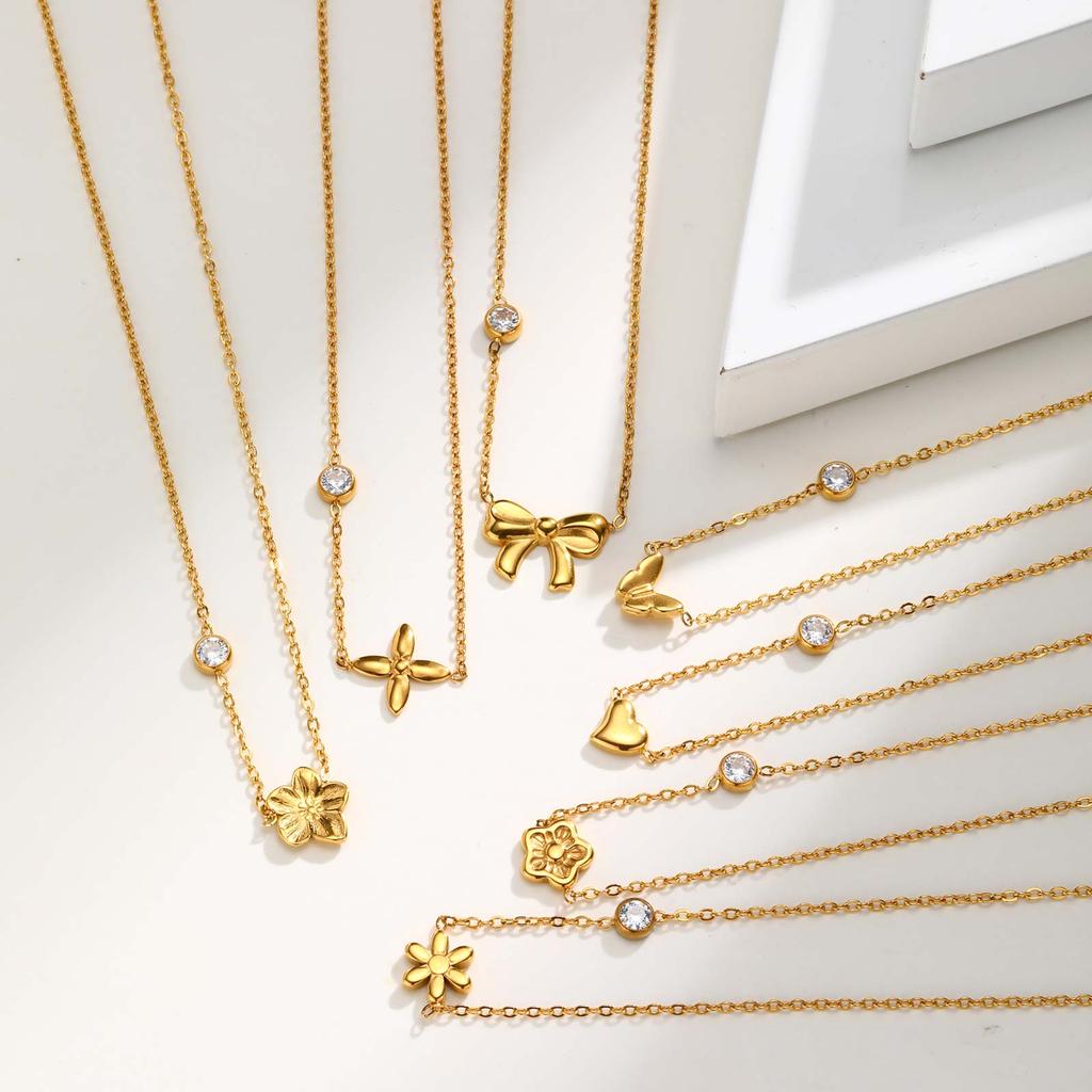 Dainty Zircon Bowknot Flower Heart Pendant Necklace for Women, Stainless Steel Gold Plated Charm Necklace, Chic Luxury Jewelry