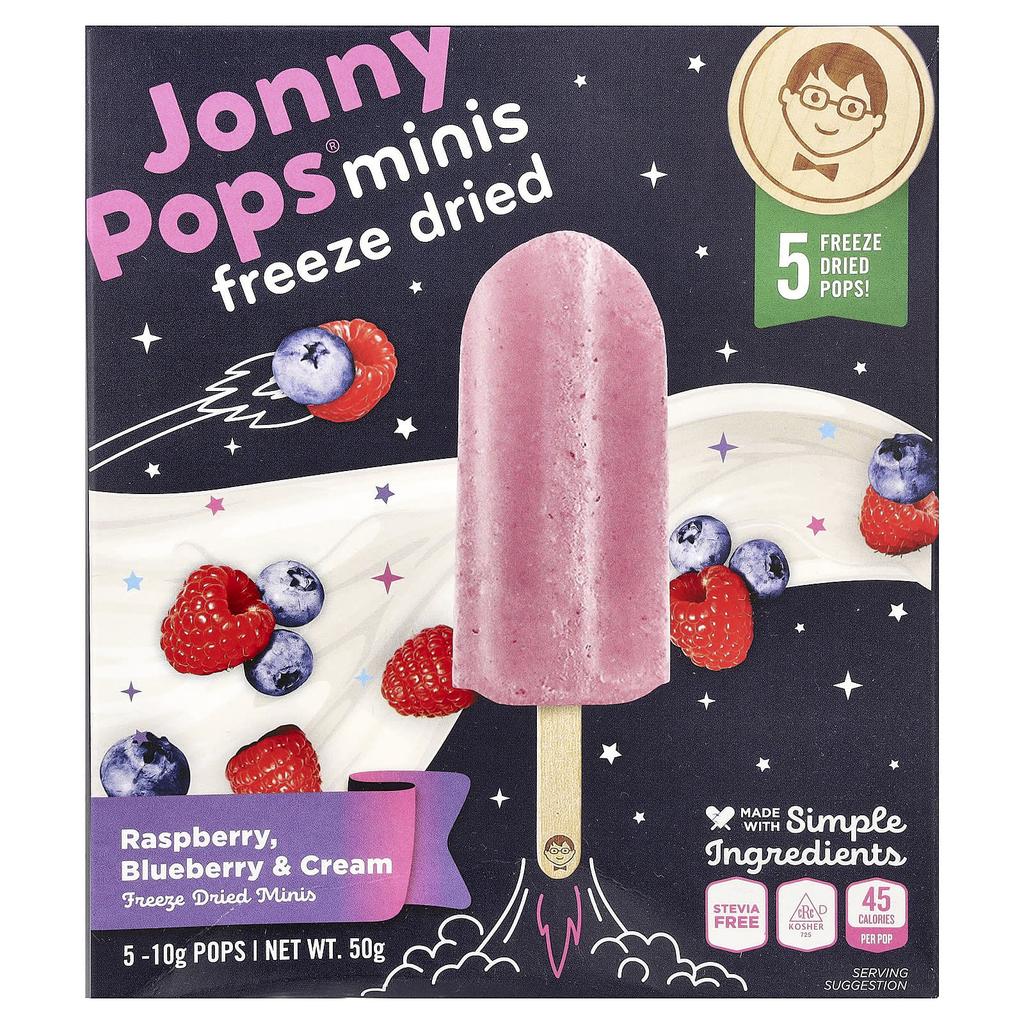 JonnyPops, Freeze-Dried Minis, Raspberry, Blueberry & Cream, 5 Count, 10g Each