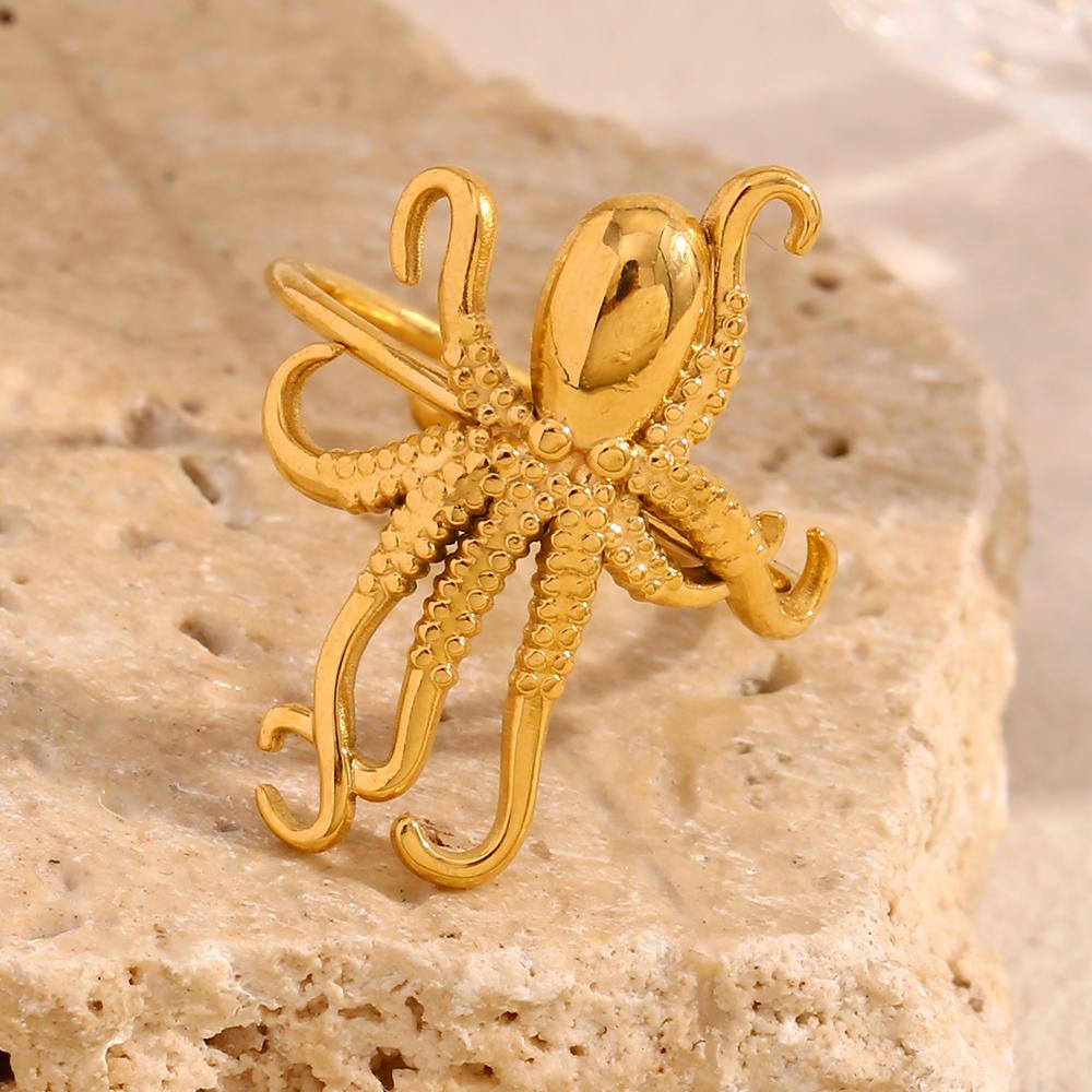 MamacitaSlay 316L Stainless Steel Octopus Open Ring Vacation Party Waterproof Jewelry Women's Unique 18K Gold Plated Ring Gift