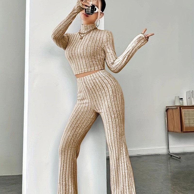 2025 Women's Solid Color Ribbed Knit Set: Long Sleeve Top and Base Shirt