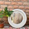 Wooden Carved Round Wall Mirror-Distressed White Finish Mirror, Boho Wall Decor, Indian Accent Mirror for Bedroom or Living Room Home Decor
