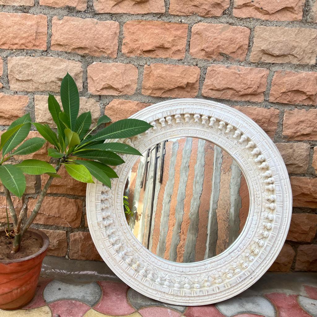 Wooden Carved Round Wall Mirror-Distressed White Finish Mirror, Boho Wall Decor, Indian Accent Mirror for Bedroom or Living Room Home Decor