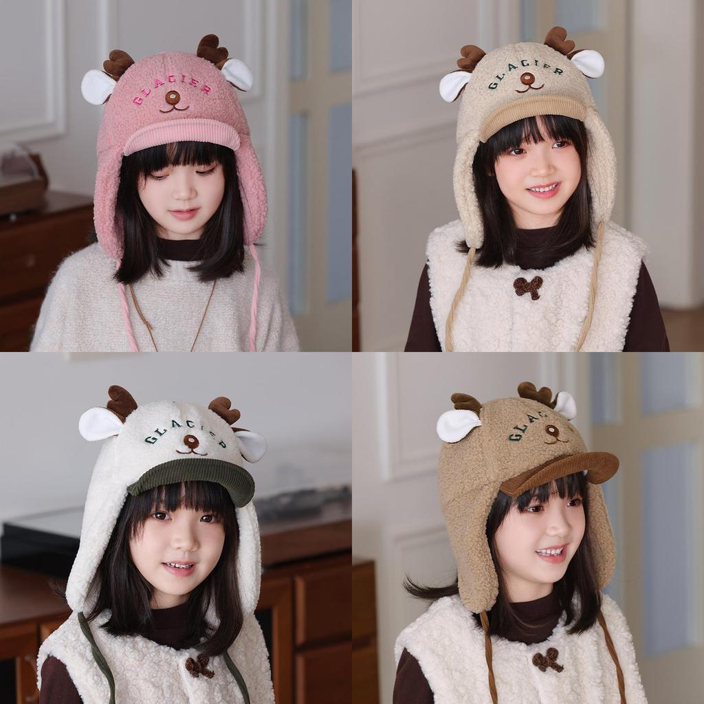 Winter Kids Cartoon Deer Plush Hat With Windproof Ear Flap For Outdoor Warmth