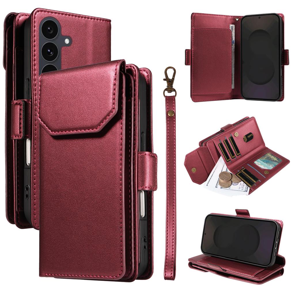 For Samsung Galaxy S25 FE Case with Multi-Card Holder and Strap PU Leather Phone Cover Stand