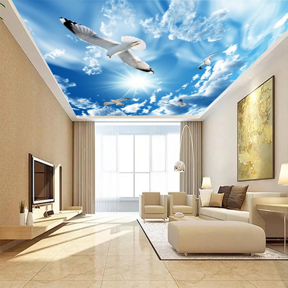 Blue Sky Wallpaper White Clouds Mural Sunshine Seagull Ceiling Wall Mural Living Room Bedroom Wallpaper