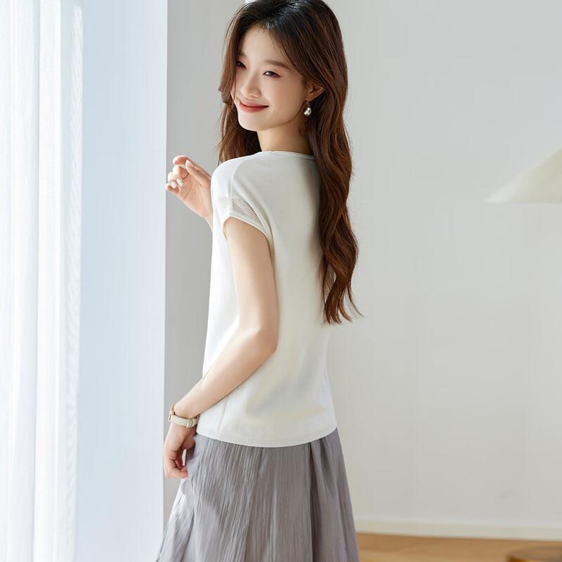 Srcr Women's Short Sleeve Mulberry Silk Blend Lace Knit Top