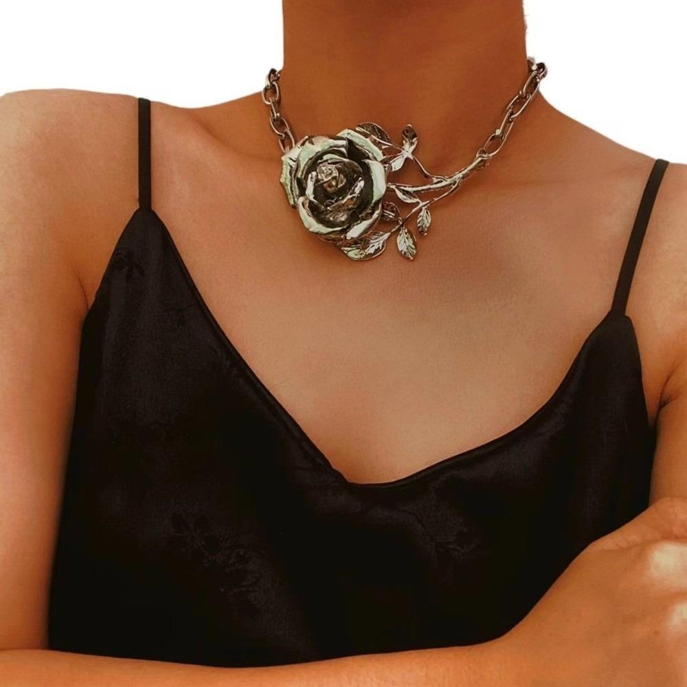 Big Exaggerated Flower Necklace Coarse Neck Chain Metal Rose Necklace  Bride