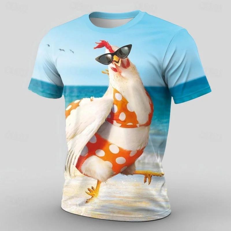 Funny Rooster Group 3D Print T-Shirt, Round Neck Short Sleeve Casual Graphic Tee, Farm Animal Personality Tops