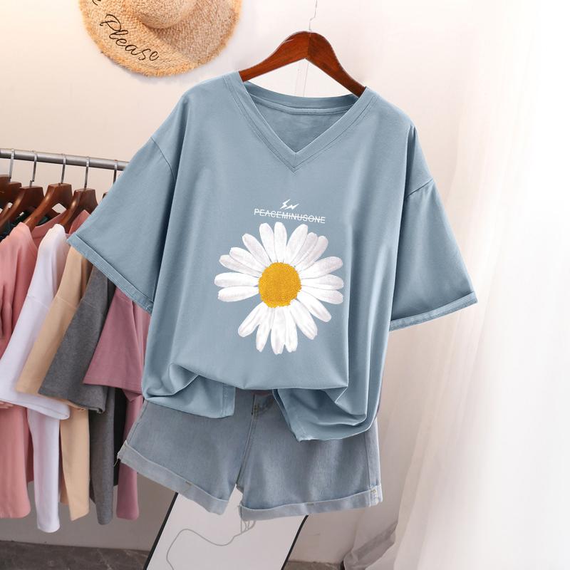 Short-sleeved T-shirt for Women, Large Size, Loose and Slimming, Printed V-neck Top