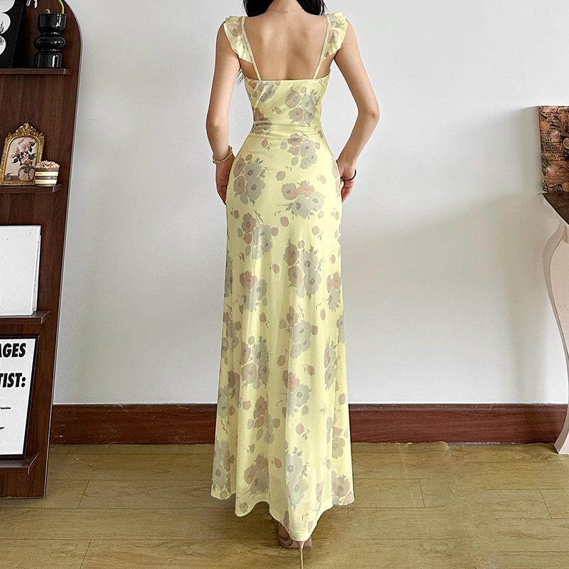 European and American Summer New Women's Clothing Sexy Low-cut Spice Girls Vacation Style Retro Printing Slim-fitting Backless Dress
