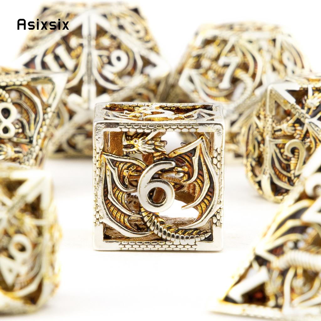 7-teiliges hellgoldenes Drache-Metallwürfel-Drachen-Hohlmetall-Polyeder-Würfelset, geeignet für Rollenspiele, RPG-Brettspiele, Kartenspiele