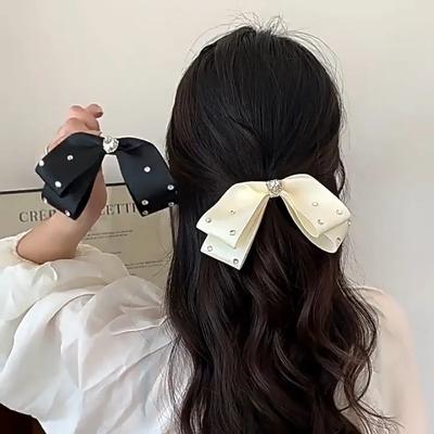 Fabric Bow Hair Clip Female Love Rhinestone Gentle Duckbill Clip Half Tie Hair Hair Accessories