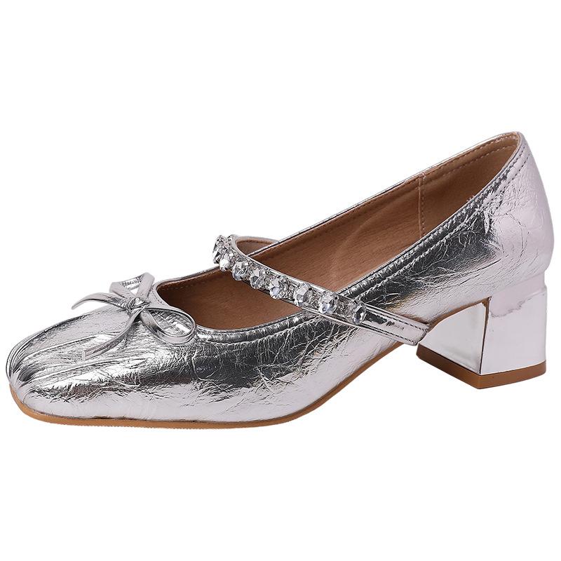 Französische Schleife dicker Absatz High Heels Damen Sommer 2025 neue Strass eckige Zehen Einzelne Schuhe flacher Ausschnitt Mary Jane Schuhe