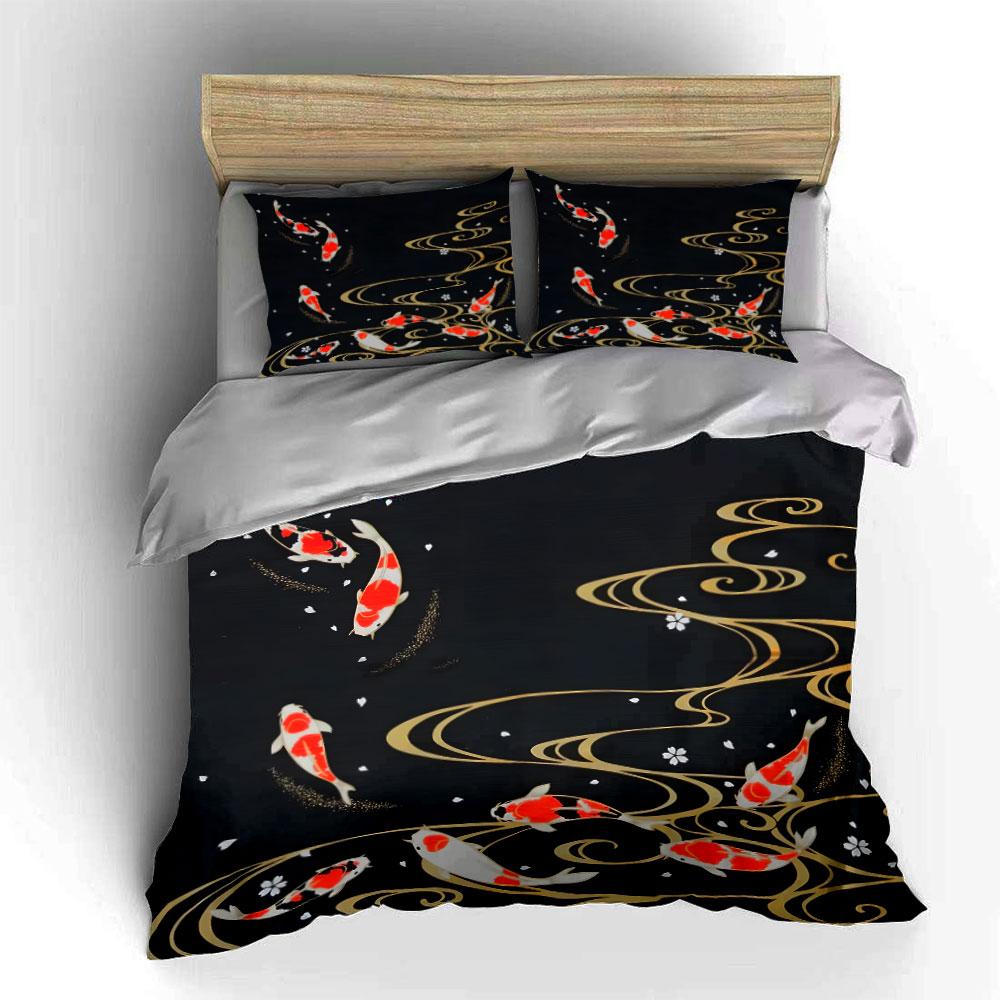 Koi and Golden Water Patterns Bedding Set for Kids Luxury Gift 3pcs Digital Print Comforter Set Soft Comfortable Breathable