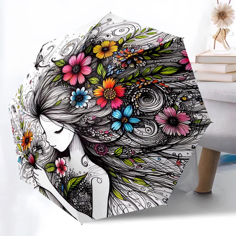 1pc FlowerGirl Automatic Open/close Umbrella, 8-Rib Sturdy Structure, Auto Folding/Opening, Portable Travel Umbrella for Women, C38