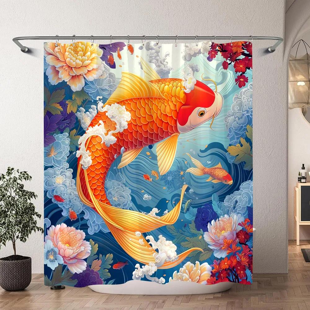 Chinese Japanese Koi Ink Painting Shower Curtain Red Cherry Blossom Wave Fish Watercolour Painting Bath Curtains Bathroom Decor